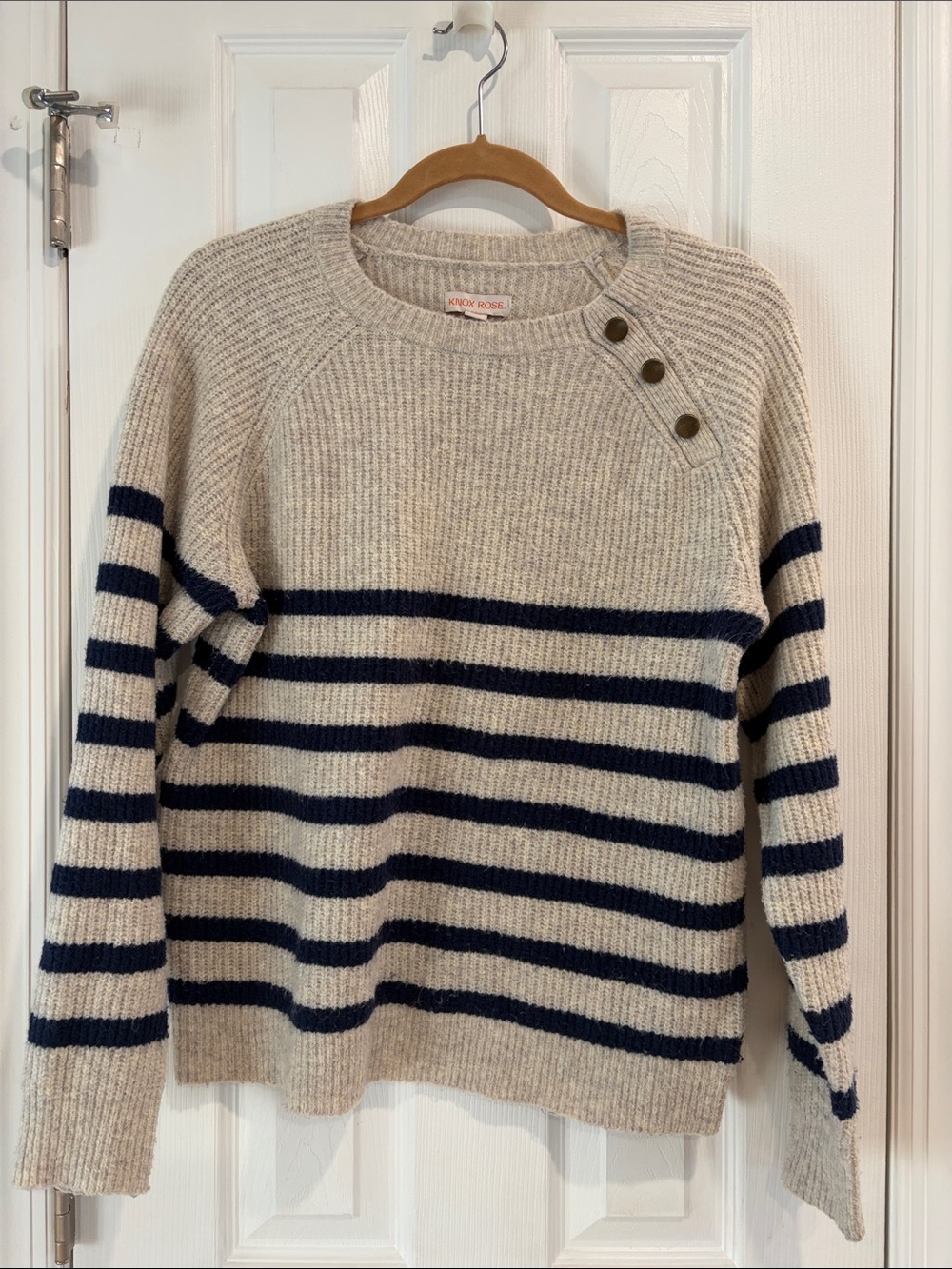Knox Rose Striped Button-Shoulder Crewneck Sweater - Navy & Cream